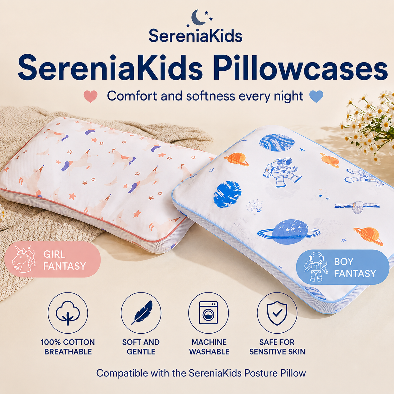 Ergonomic SereniaKids™ Pillowcase.